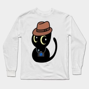 Funny black cat is holding a camera Long Sleeve T-Shirt